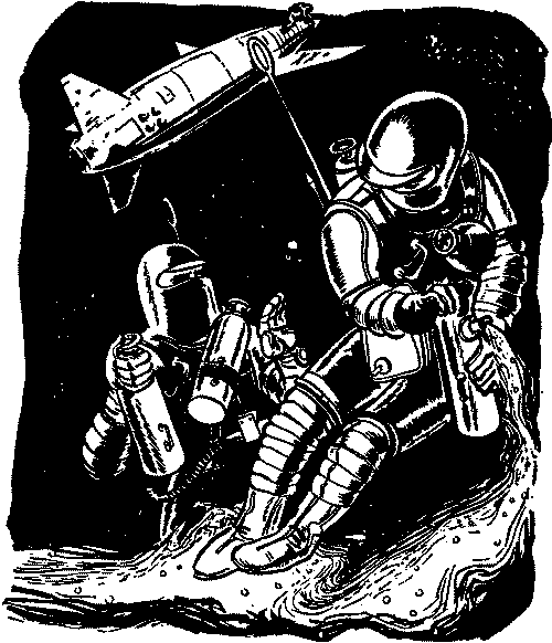 free public domain image 01 space ship tethered to two astronauts in space suits tanks helmets