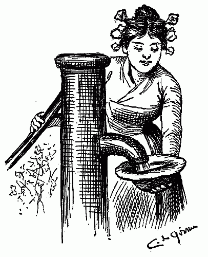 free public domain image woman in curlers fills a bowl with water from a hand pump going to the well pen ink drawing